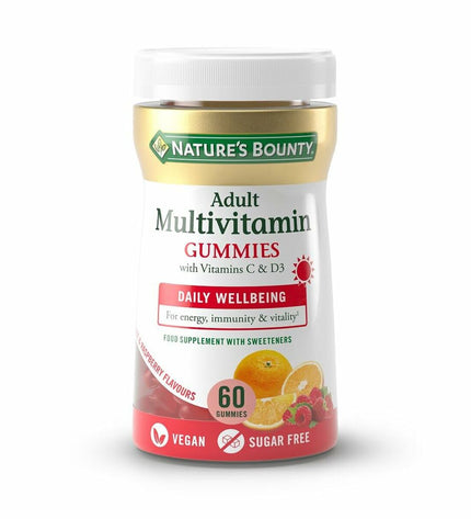 Nature's Bounty adult multivitamin gummies in a colorful bottle, vitamin and mineral supplement for overall health.