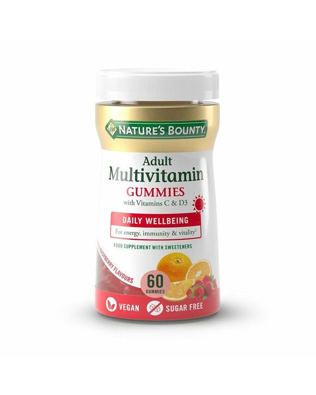Nature's Bounty adult multivitamin gummies in a colorful bottle, vitamin and mineral supplement for overall health.