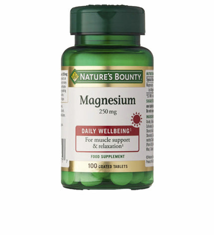Bottle of Nature's Bounty Magnesium supplement with 100 tablets for health and mineral support.
