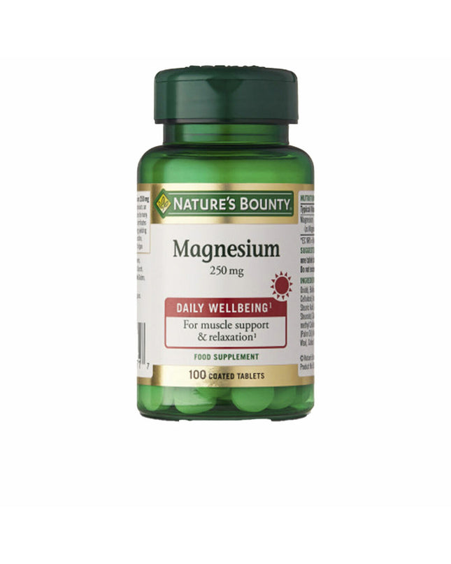 Bottle of Nature's Bounty Magnesium supplement with 100 tablets for health and mineral support.
