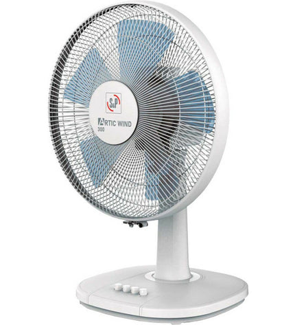S&P ARTIC WIND300 white tabletop fan with adjustable blades, 35W, designed for home cooling and portable air circulation.
