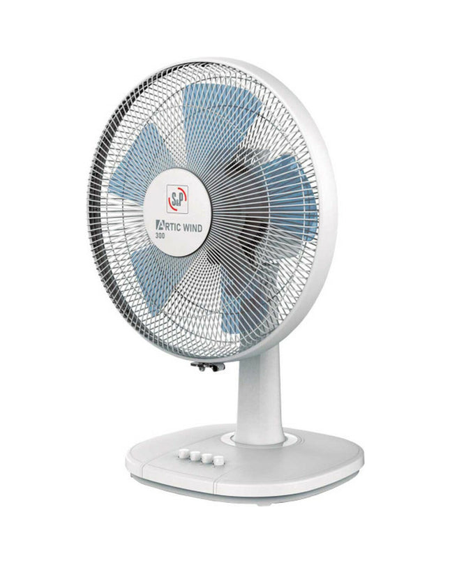 S&P ARTIC WIND300 white tabletop fan with adjustable blades, 35W, designed for home cooling and portable air circulation.
