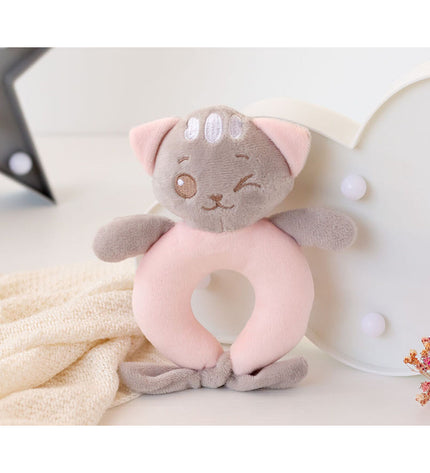 Pink cat-shaped baby rattle, 16 cm long, soft plush toy for young children, by BigBuy Kids.