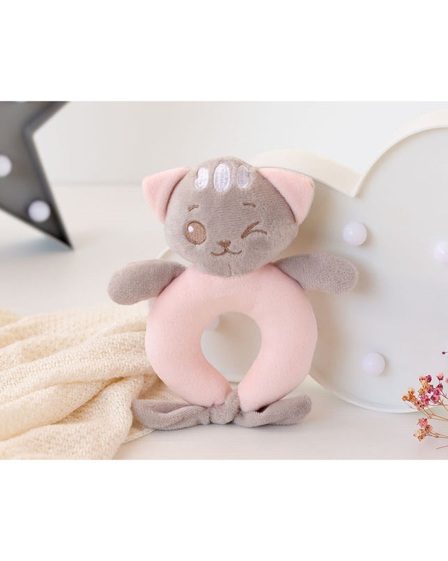 Pink cat-shaped baby rattle, 16 cm long, soft plush toy for young children, by BigBuy Kids.