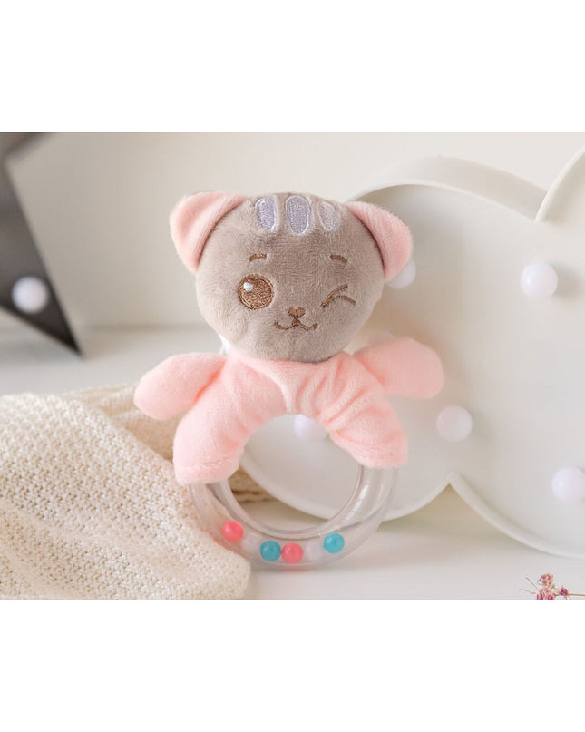 Pink 18 cm cat rattle toy for babies by BigBuy Kids, soft plush with a gentle squeaker, designed for young children’s play and sensory development.