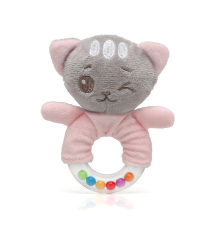Pink cat-shaped baby rattle toy from BigBuy Kids, 18 cm long, soft and colorful for young children’s play and sensory development.