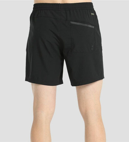 Black men's swim trunks from +8000 for sports and watersports, shown lying flat with a smooth fabric surface.