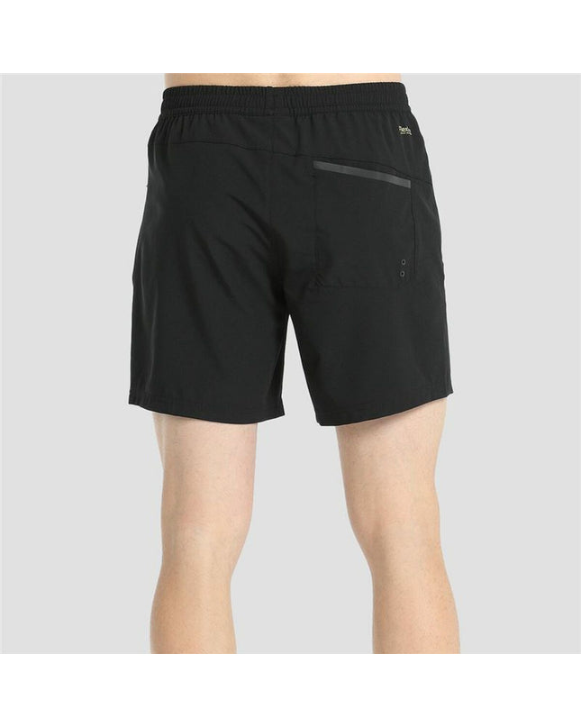 Black men's swim trunks from +8000 for sports and watersports, shown lying flat with a smooth fabric surface.