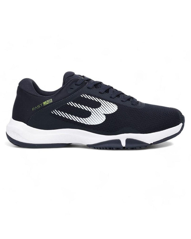 Dark blue Bullpadel Hybrid Fly 25V padel shoes for adults, designed for tennis and outdoor sports, with breathable mesh and grip soles.
