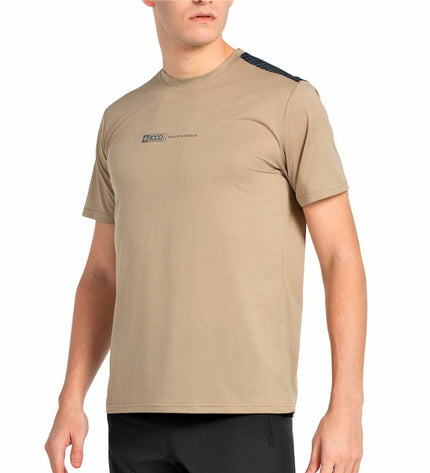 Black short-sleeve sport T-shirt from +8000 for outdoor activities, suitable for camping and hiking, shown on a hanger.