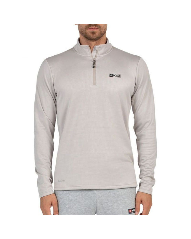 Men's beige long-sleeve T-shirt by +8000, suitable for outdoor sports, camping, and hiking activities.