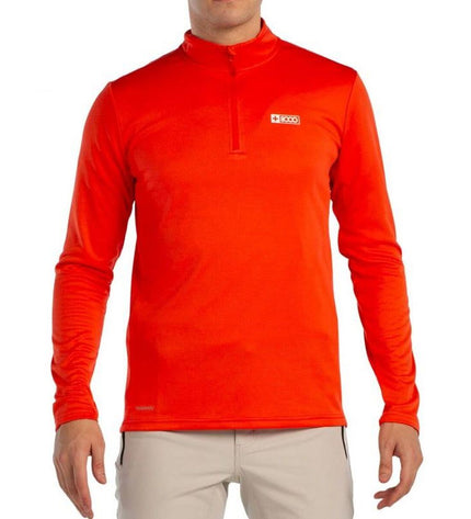 Orange men's long-sleeve sport T-shirt by +8000, suitable for outdoor activities like camping and hiking.