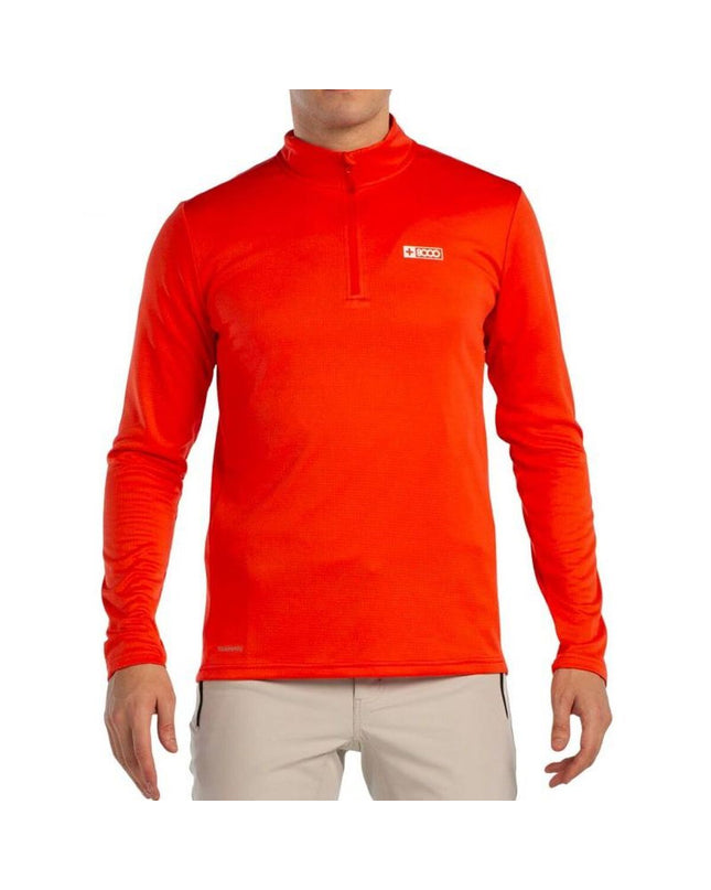 Orange men's long-sleeve sport T-shirt by +8000, suitable for outdoor activities like camping and hiking.