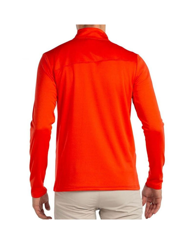 Orange men's long-sleeve T-shirt from +8000, suitable for outdoor activities like camping and hiking, shown laid flat.