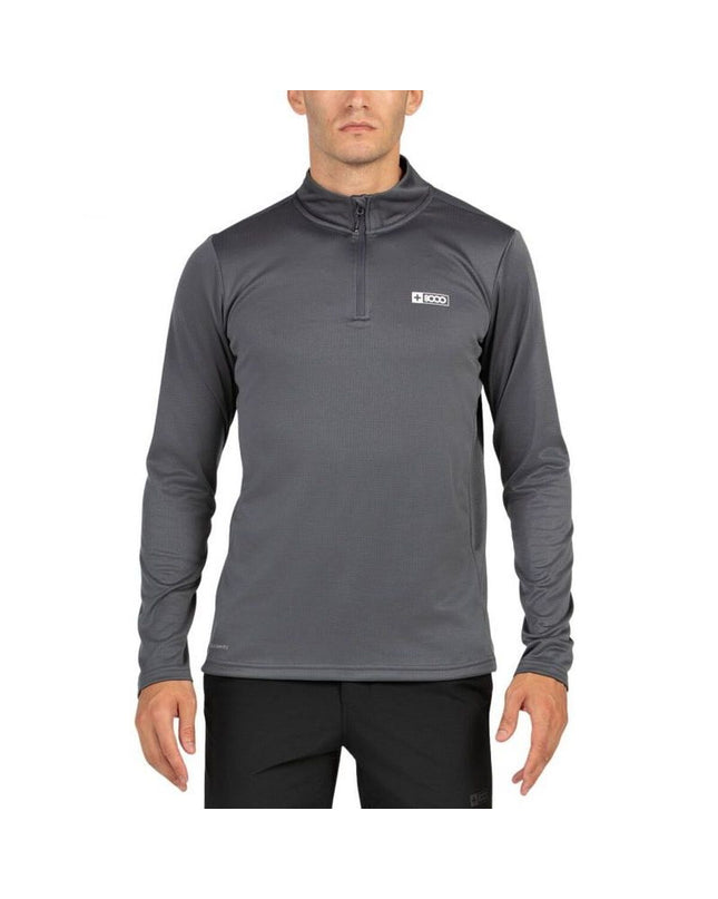 Light gray men's long sleeve sports T-shirt by +8000, ideal for outdoor activities like camping and hiking.