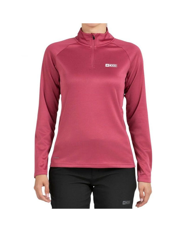 Red long-sleeve women's T-shirt from +8000, suitable for outdoor activities like camping and hiking, with a sporty design.