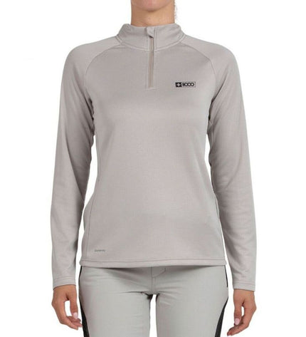 Light gray women's long-sleeve T-shirt by +8000, ideal for outdoor activities like camping and hiking.