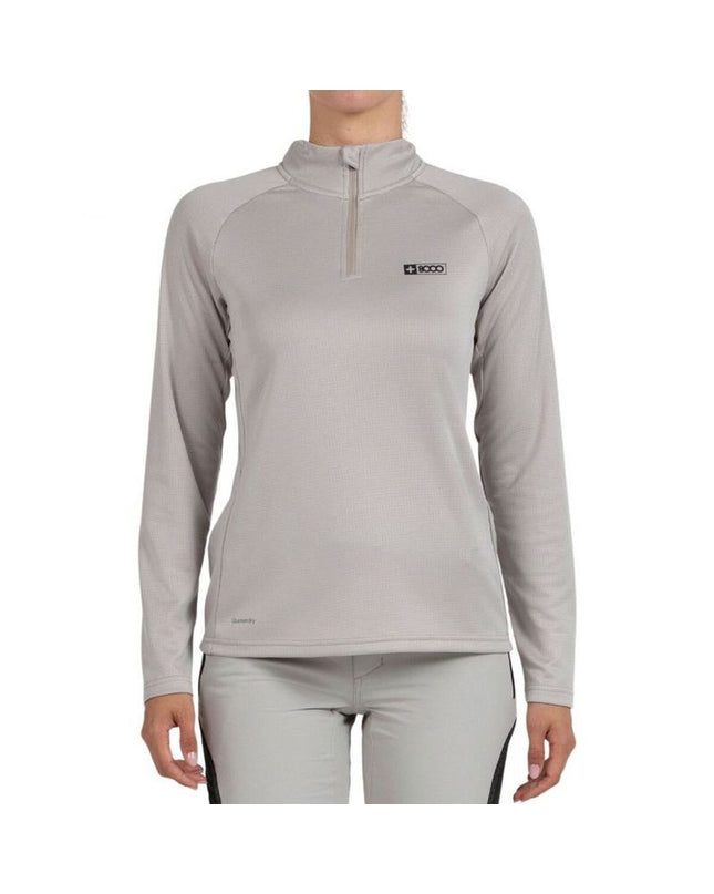 Light gray women's long-sleeve T-shirt by +8000, ideal for outdoor activities like camping and hiking.