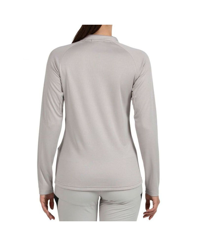 Light gray women's long-sleeve T-shirt from +8000, suitable for outdoor activities and camping, shown on a model.