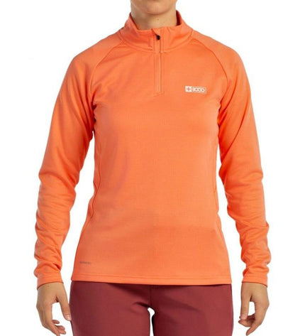 Orange long-sleeve women's T-shirt from +8000 for outdoor activities, shown on a model in a camping or hiking setting.