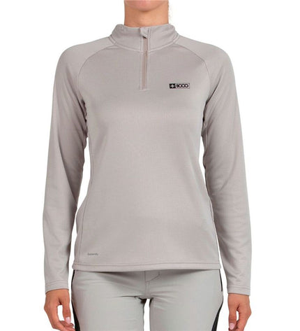 Long-sleeve women's T-shirt from +8000 in ivoor, designed for outdoor activities like camping and hiking.