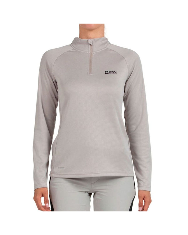Long-sleeve women's T-shirt from +8000 in ivoor, designed for outdoor activities like camping and hiking.