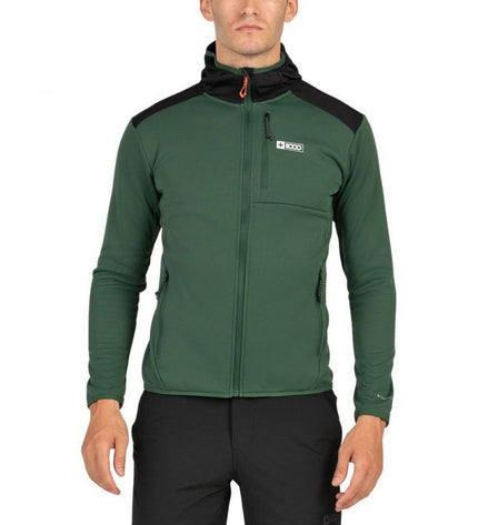 Men's green sports jacket by +8000, suitable for outdoor activities like camping and hiking, shown in a close-up view.