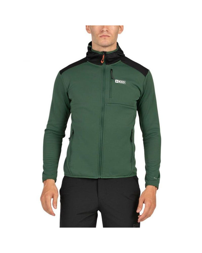 Men's green sports jacket by +8000, suitable for outdoor activities like camping and hiking, shown in a close-up view.