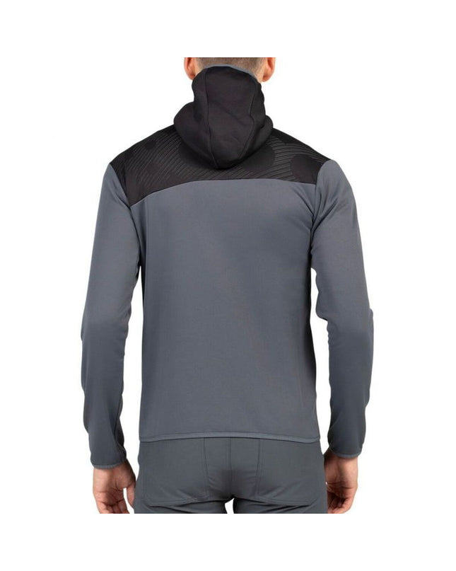 Dark gray men's sports jacket from +8000 for outdoor activities, suitable for camping and hiking, shown on a hanger.