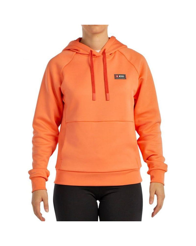 Orange men's hoodie by +8000, suitable for outdoor activities, camping, and hiking, with a sporty and casual design.