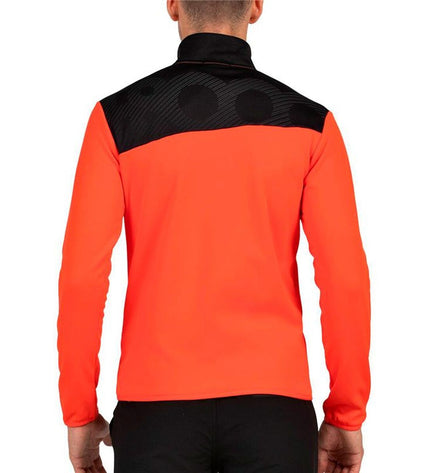 Orange men's hoodie sweater by +8000, suitable for outdoor sports, camping, and hiking, with a comfortable fit.