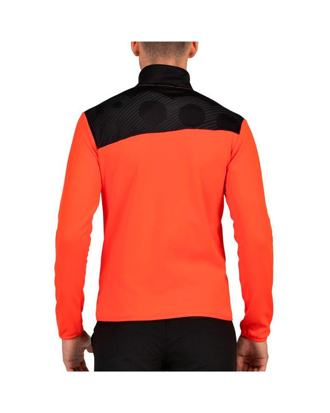 Orange men's hoodie sweater by +8000, suitable for outdoor sports, camping, and hiking, with a comfortable fit.