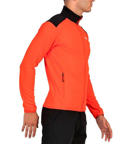 Orange men's outdoor sweater without hood from +8000, ideal for camping and hiking, shown in close-up detail.