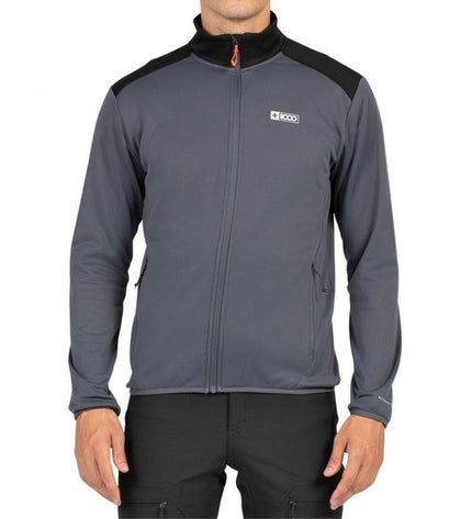 Men's dark gray +8000 sport outdoor jacket designed for hiking and camping, featuring a durable, weather-resistant fabric.