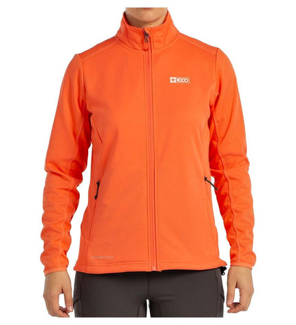 Dames sportjack by +8000 in bright orange, suitable for outdoor activities, camping, and hiking, shown on a hanger.