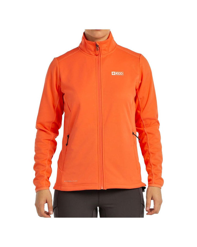 Dames sportjack by +8000 in bright orange, suitable for outdoor activities, camping, and hiking, shown on a hanger.