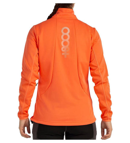 Dames sportjack in orange by +8000, outdoor and hiking jacket with lightweight waterproof material and adjustable hood.