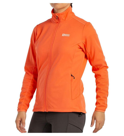 Dames sportjack by +8000 in bright orange, suitable for outdoor activities like camping and hiking, shown on a hanger.