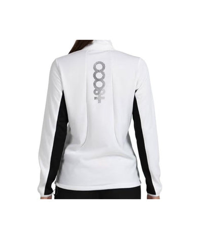 Dames sportjack by +8000 Nerta in white, suitable for outdoor activities like camping and hiking, shown on a hanger.