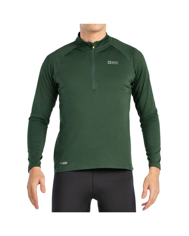Men's olive green long-sleeve T-shirt by +8000, designed for sport, outdoor activities, camping, and hiking.