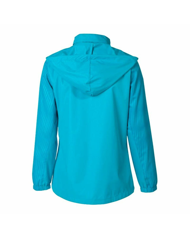 Joma Sport Montreal rain jacket for outdoor activities, shown in blue with adjustable hood and waterproof fabric.
