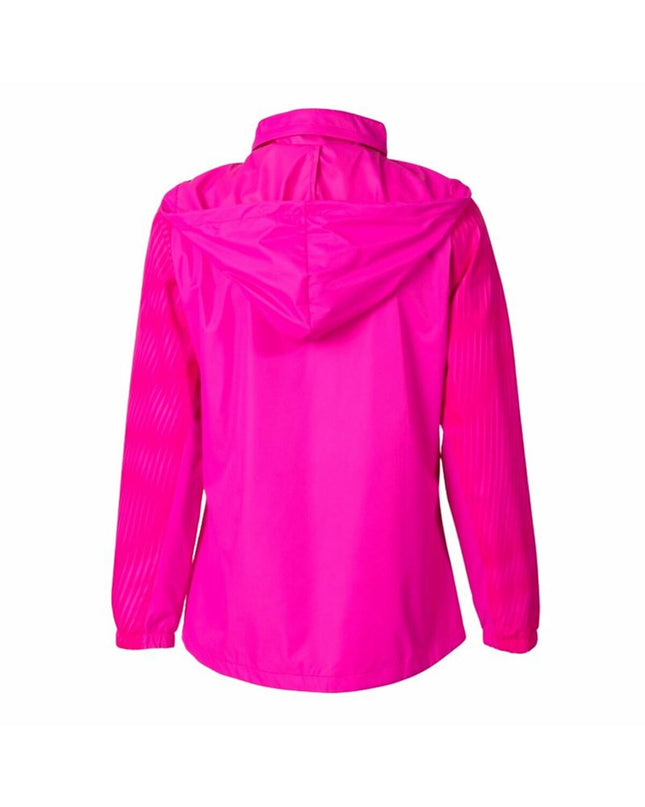 Pink Joma Sport Montreal rain jacket for outdoor activities, suitable for hiking and camping, shown on model in outdoor setting.