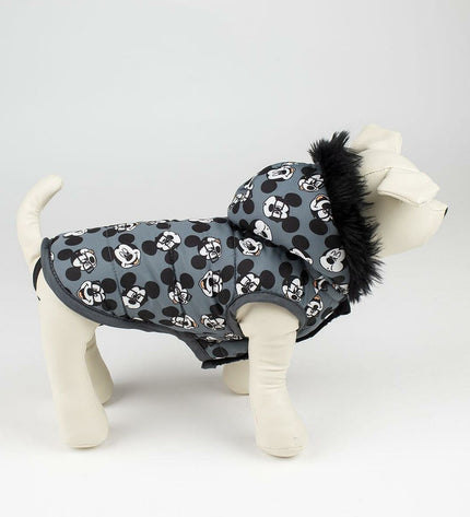 Gray Mickey Mouse dog coat with cartoon print, designed for small dogs, featuring a comfortable fabric and adjustable fit.