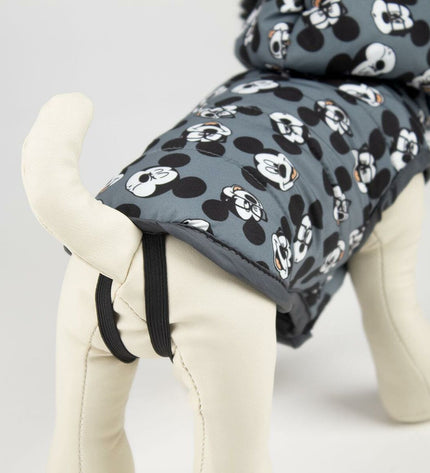 Gray Mickey Mouse dog coat, cozy pet clothing for dogs, featuring iconic Mickey Mouse design and brand details.