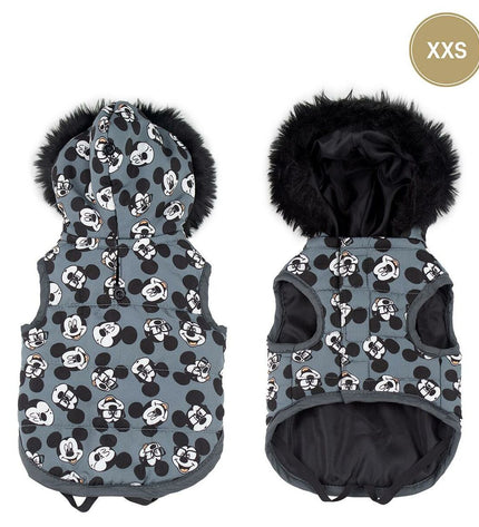 Gray Mickey Mouse dog jacket featuring a playful Mickey Mouse design, suitable for small to medium-sized dogs.