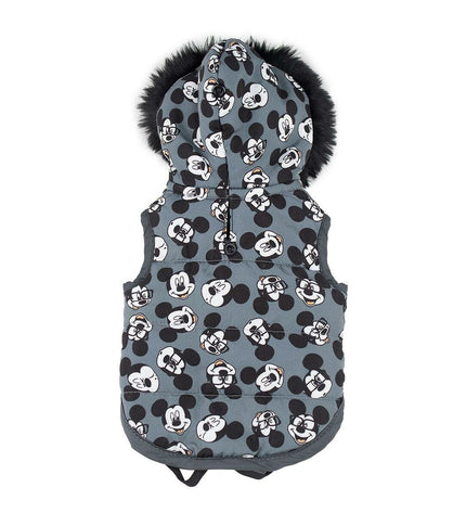 Gray Mickey Mouse dog coat, stylish and warm, designed for pets, featuring iconic Mickey Mouse branding and comfortable fit.