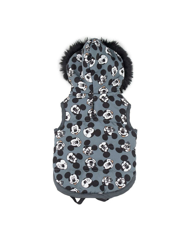 Gray Mickey Mouse dog coat, stylish and warm, designed for pets, featuring iconic Mickey Mouse branding and comfortable fit.