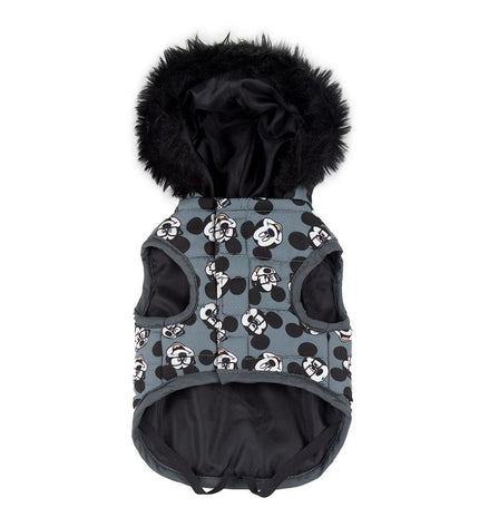 Gray Mickey Mouse dog coat with cartoon character design, warm and comfortable for pets, made by Mickey Mouse brand.