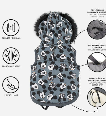 Gray Mickey Mouse dog coat with cartoon print, designed for pets, featuring a soft fabric and adjustable fit.