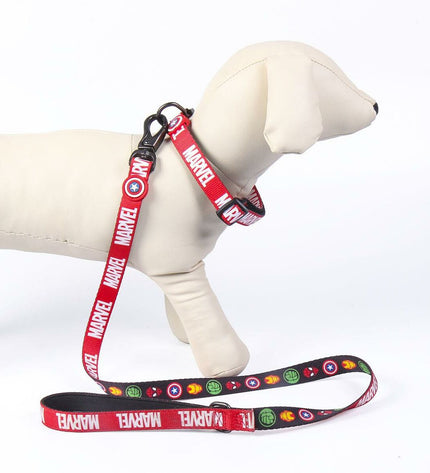 Red Marvel dog collar with Marvel logo and adjustable strap, made of durable material for pets.